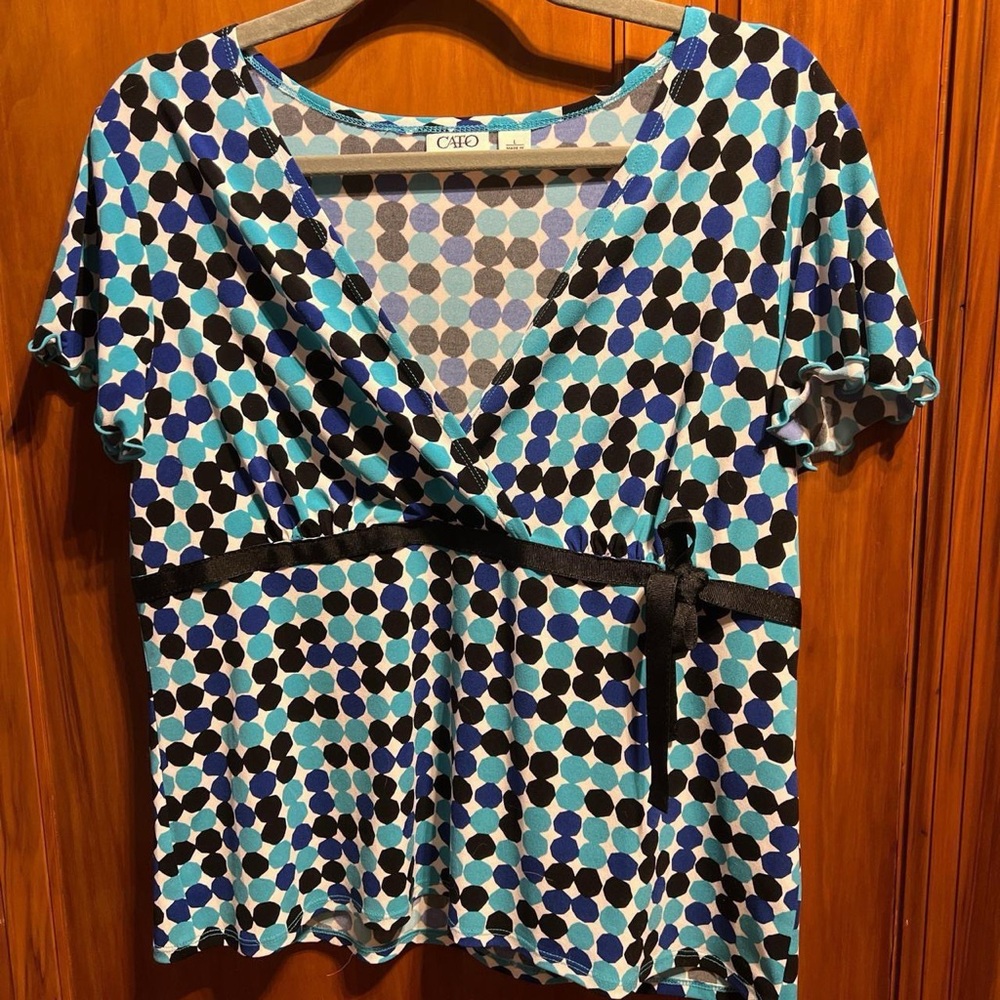 Cato Blue Patterned V-Neck Babydoll Tie-Waist Top